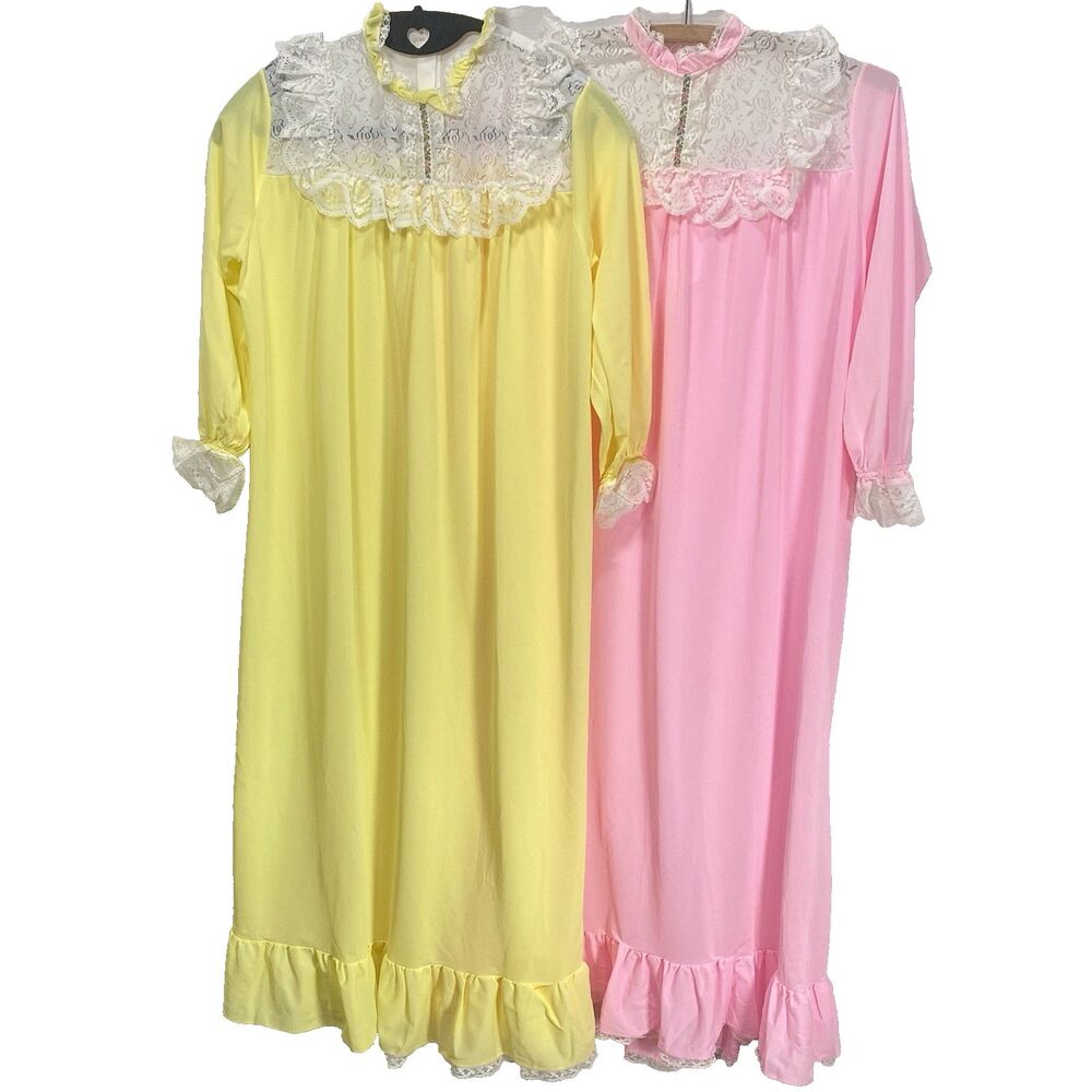 Vintage HER MAJESTY Nightgown Lot Girls 60s 70s Lace Long Yellow Pink Size 10 12